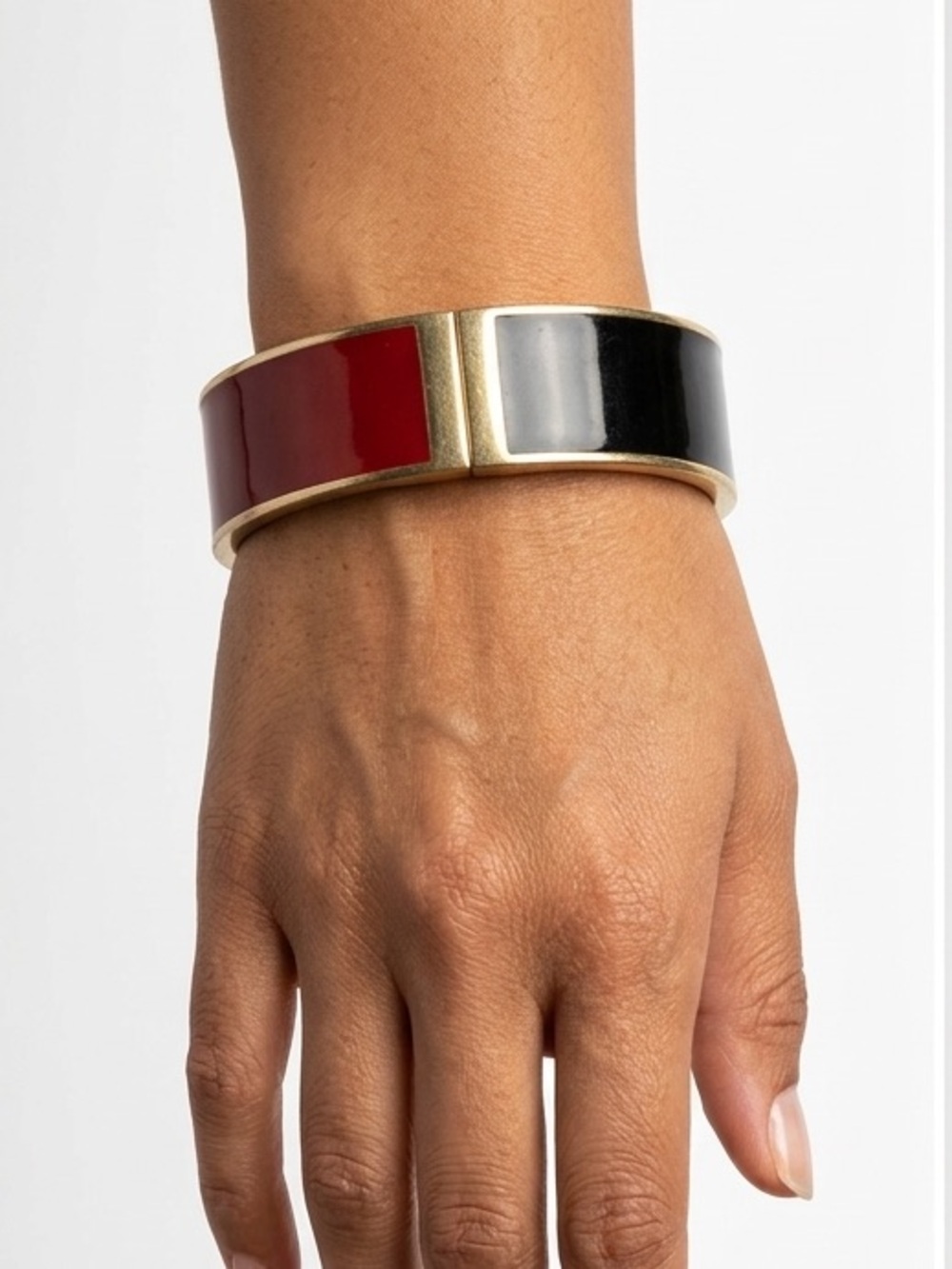 Vintage Gold Tone Red & Black Enamel Hinged Bangle Bracelet